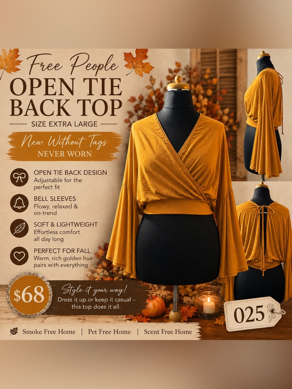Free People Golden Mustard Wrap Tie-Back Bell Sleeve Top